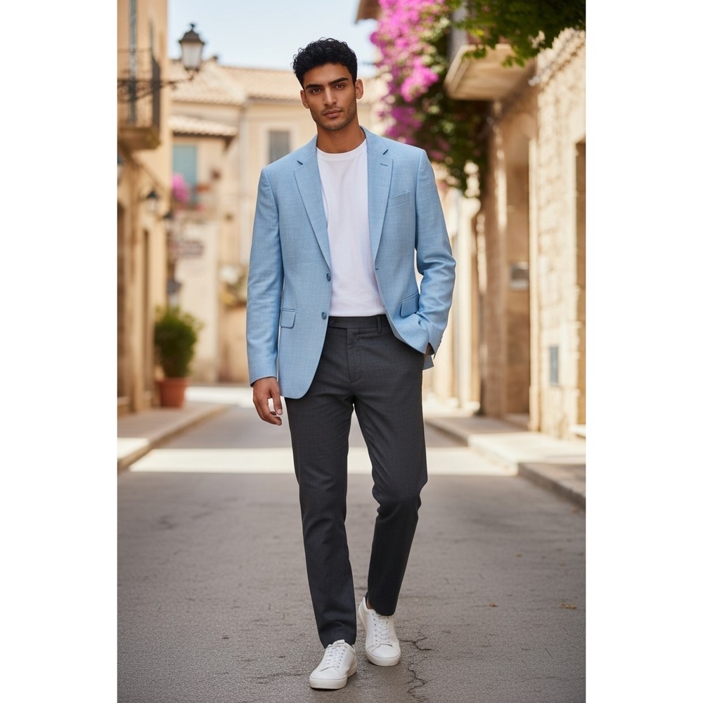 Mens 42R Blue Summer Jacket Easy-Care Linen-look Tropical Lining Modern fit